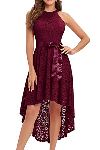 MODECRUSH Women's Floral Lace Halter Cocktail Party Dress Hi-Low Bridesmaid Dress with Belt (Burgundy, Medium)