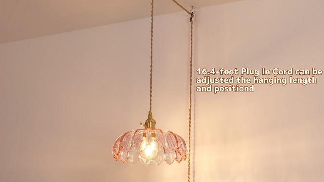 Image of Shenmoyl Plug in Pendant Light Hanging Light Fixtures with Plugin Cord On /Off Switch,Pink Scindapsus Glass Lampshade Brass Pendant Light