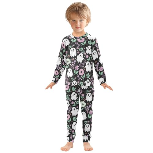 Pajama Sets Long Sleeve Ghost Floral Black Background Soft Comfy Sleepwear 2 Piece PJS 3-8T2