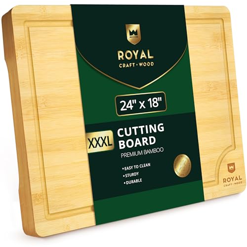 ROYAL CRAFT WOOD Bamboo Cutting Boards for Kitchen -Kitchen Chopping Board for Meat (Butcher Block) Cheese and Vegetables | Wooden Cutting Board Heavy Duty Serving Tray with Handles (XXXL, 24' x 18')