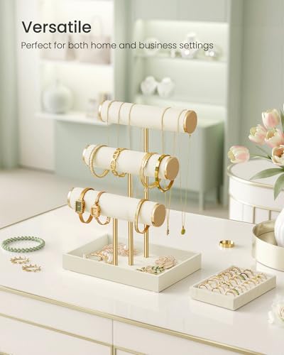 Image of SONGMICS Bracelet Holder Stand, Jewelry Display Stand, Jewelry Organizer, with 3 Tiers and Velvet Tray, Removable Ring Holder, Cream White and Pale Gold UJJS027W101