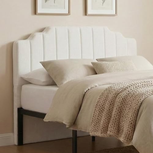CozyMine Queen Headboard Only - Beige Velvet Upholstered Headboard for Bed, No Assembly Required, Pure Sponge Design, Place Between Bed & Wall, Vertical Stripe with Stepped Crown Top Edge