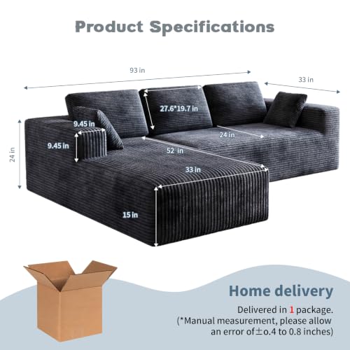 Image of 93 inch L-Shaped Modular Sectional Sofa with Chaise, Boneless Corduroy Cloud Couch with Deep Seat and Oversized Comfort, Flexible Module Combination for Living Room, No Assembly Required