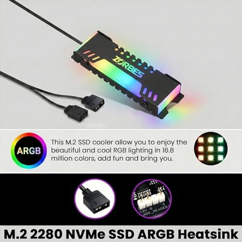 Image of ZORBES M.2 2280 NVMe SSD ARGB Heatsink, 5V 3-Pin Addressable RGB Aluminum Cooling Radiator for M.2 2280 SSD, High-Performance Thermal Cooler for Gaming PC & Desktop