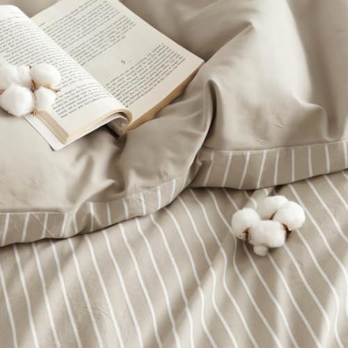 Image of Nayoroom Brown Striped Duvet Cover Queen Reversible Taupe Bedding Set