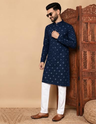 Buy ORIFAB Men’s Navy Blue Mirror Work Kurta Pajama Set Cotton Blend - Image 7