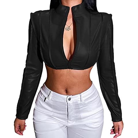SEMATOMALA Women's PU Faux Leather Mock Neck Cropped Jacket Long Sleeve Zip Up Bolero Coat Y2K Shirt Crop Tops(BL,M) Black Cover