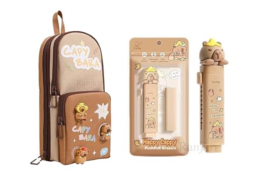 Image of Kawaii Pencil Case with Cartoon Eraser Pen Cute Stationery Set | Aesthetic Multi-Layer Pencil Pouch with Charms & Push-Pull Eraser | Kawaii School /Office Supply Gift for Kids, Girls