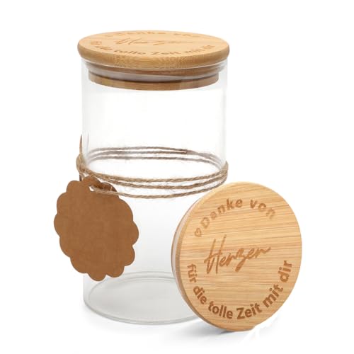 Abschiedsgeschenk Kollegen Vorratsglas mit Holzdeckel - von Herzen Geschenk für Kollegen, Lehrer & Erzieher Aufbewahrungsglas Kleines Dankeschön Geschenkidee Abschied Geschenkglas für Freunde