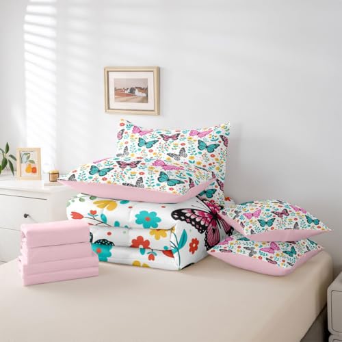 Image of Erosebridal Colorful Butterflies 7 Pieces Bedding Set Full,Cartoon Floral Bed in a Bag,Flying Butterfly Bed Set Includes Comforter,Sheet Set,Pillowcases & Pillow Covers,Garden Flower Bedroom Decor