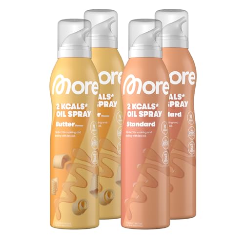 MORE 2 Kalorien Ölspray Bundle, 2 normal, 2 Butter, 4 x 800 Sprühstöße, Spray zum Braten, Backen & Grillen