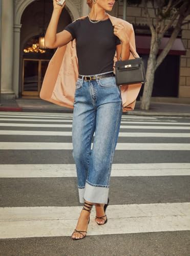 yoeasy Womens High Waisted Straight Leg Cuffed Jeans Casual Stretchy Vintage Boyfriend Denim Pants with Pockets4