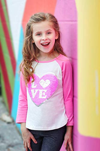 Glitter Flip Sequin Girl's T-Shirt Top Short/Long Sleeve, Fleece Jacket 3-12 Years (8, Love White Pink Long) #TOP1