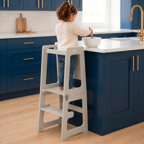 Image of Avenlur Toddler Tower, Date 4-in-1 Kitchen & Learning Tower (Gray) | Avenlur Date 4-in-1 Kitchen Tower doubles as a kitchen stool for toddlers, montessori tower, and toddler tower table.