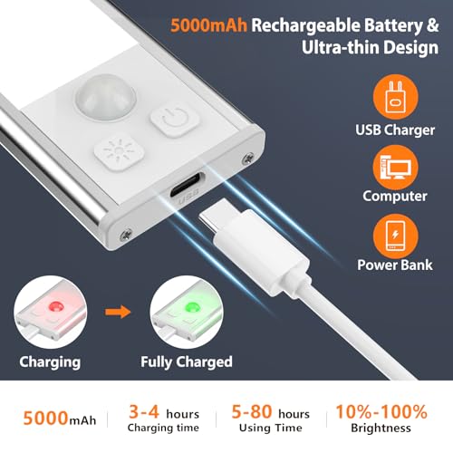 Image of 60cm Ultra Thin Under Cabinet Lights, 106 LED 5000mAh Motion Sensor Lights Indoor, 3 Color Stepless Dimming Rechargeable LED Lights for Cupboard, Kitchen