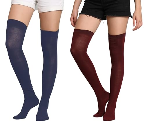 Image of TRAZO Women's Thigh High Socks Over the Knee High Knitted Casual Boot Socks, Stiped Long Fashionable Stockings (Pack of 2)