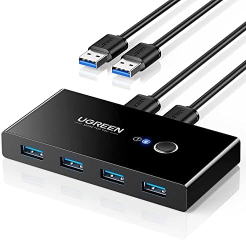 UGREEN USB 3.0 Switch, 2 Computers Sharing 4 Ports USB Peripheral Switcher Adapter Box Selector for PC, Printer, Scanner, Mouse, Keyboard with One-Button Swapping