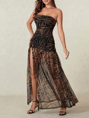 Women Strapless Tube Top Dress Summer Backless Leopard Print High Slit Long Dress Party Club Night Out Dress2