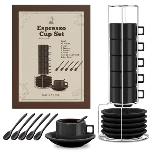 Espresso Cup Set, with Saucers, Spoons, 19 Pieces, Set of 6, 2.5 OZ, Black