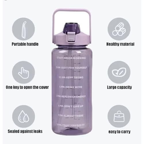 Image of 4Mura 2 L Capacity Belt Straw Transparent Motivational Water Bottles|Time Marker Leak Proof&Break-Proof|Best Usage For Office /School /Gym /Travel Bottle|Bpa-Free Fitness Sports Bottle (PURPLE)
