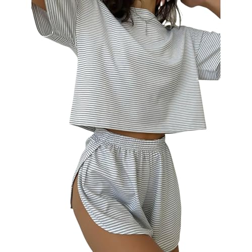 Essentials Pajamas, Sets Shorts Striped Print Two Piece Lounge Sets Crew Neck Sleepwear Split Shorts Set Soft Pjs
