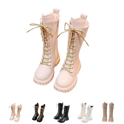 Botas de niña con forro polar cálido de felpa, botas de equitación de cuero de caña larga, botas altas, cremallera lateral con cordones, botines elegantes, botas antideslizantes de otoño botas de
