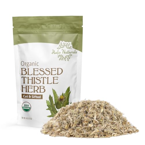 Halo Naturals Organic Blessed Thistle Herb Cut & Sifted 4 Ounces (Cnicus benedictus) USDA Certified | Resealable Pouch| Packaged in The USA