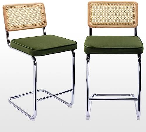 Zesthouse 24'' Counter Height Rattan Bar Stools Set of 2, Modern Bar Stools for Kitchen Island with Natural Cane Backs, Upholstered Velvet Fabric Counter Chairs Stools Armless, Metal Chrome Legs+Green