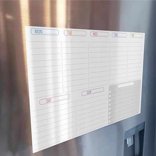 Image of WallDesign Weekly Planner Fridge Magnet Whiteboard 16x12 Inch - Dry Erase Calendar, Meal Planner & to Do List for Kitchen, Home & Students, Includes 3 Multicolour Marker Pens