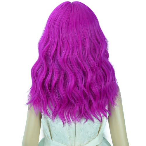 Image of Purple Red Wig Short Magenta Wavy Curly Wigs Magenta Wig with Air Bangs Synthetic Cosplay Hair Wigs