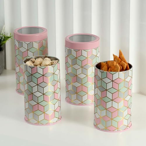 Image of Maroc Collection Airtight Kitchen Container Set| 850ML- Set of 4| Food Grade Metal Storage Jars for Rusk, Cookies, Candies & Snacks| Leakproof, Moist-Proof Canisters| Moroccan Pink Pastel