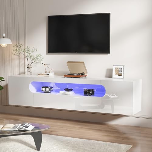 LUXOAK Modernes 160 cm Hängendes TV Board in Hochglanz Weiß mit RGB LED Beleuchtung, Floating TV Lowboard für 55–75 Zoll Fernseher, Medienkonsole mit Stauraum & Kabelführung, TV Lowboard Hängend