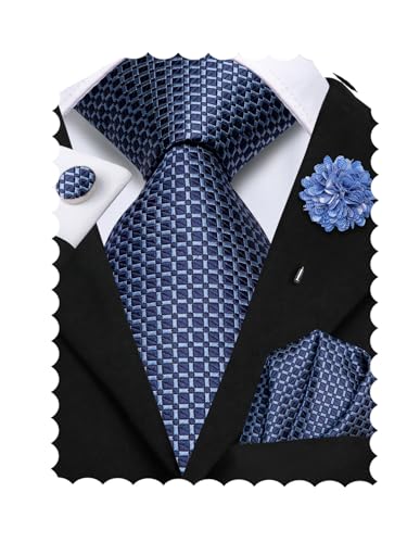 Image of Hi-Tie Men's Tie Lapel Pin Set Pocket Square Cufflinks Formal Woven Silk Tie Sets Wedding Party