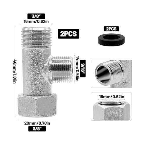 PWGHWG 2 Stück Eckventil 3/8, 9/16 T Stück WC Anschluss Set, 3 Wege Verbindungsventil Umstellventil, Wasseranschluss T-Stück Verteiler, 180° Drehung Vernickelt Spülventil für Haus Bad Toilette