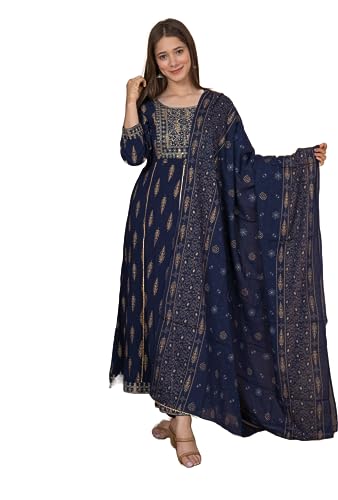 Image of MEERA FAB Women's Rayon Printed Blue Anarkali Kurta with Palazzo & Dupatta Set