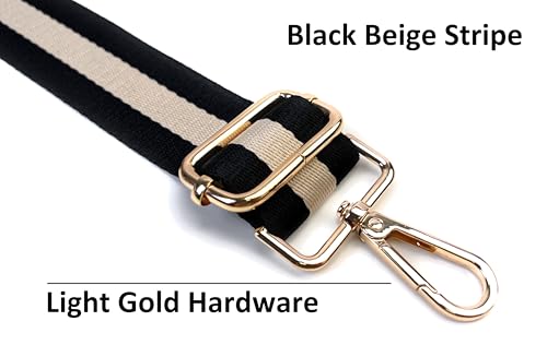Image of Classic Black Beige Stripe Purse Strap with Light Gold Hardware 1-1 /2 Inch Wide Replacement Crossbody Guitar Style Shoulder Strap for Handbags Totes