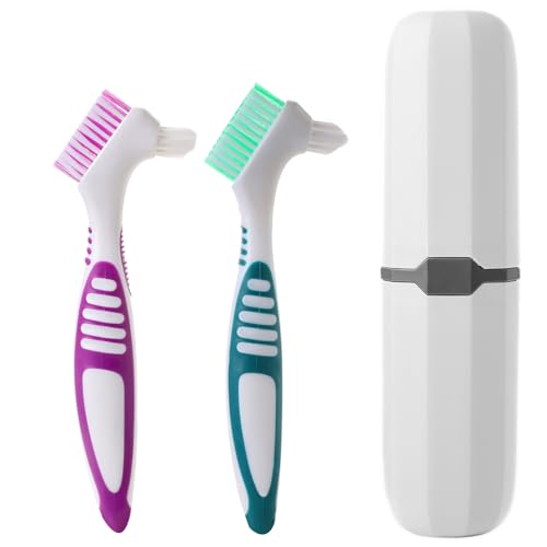 Clofiak 2Pcs Denture Cleaning Brush Kit False Teeth Toothbrushes with 1 White Carrying Case Travel Multi-Layered Soft Bristles Denture Cleaner Ergonomic Rubber Handle(Green and Purple)