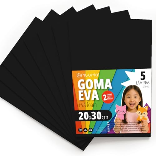 OFITURIA Goma Eva para Manualidades Escolares y Creativas, Láminas de Foam de Colores para Proyectos DIY, Arte, Decoración Infantil, Scrapbooking, Diseños Artesanales 20x30cm (Negro, 5 uds)