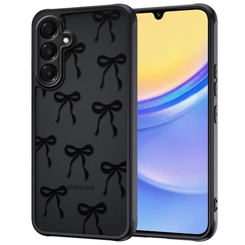 Handy Hülle für Samsung Galaxy A15 4G / 5G mit Vollständiger Kameraschutz Aesthetic Motiv Schleifen Muster Handyhülle Anti-Fingerabdruck Matt Transluzente Rückseite Stoßfest Kratzfest Case Schwarz
