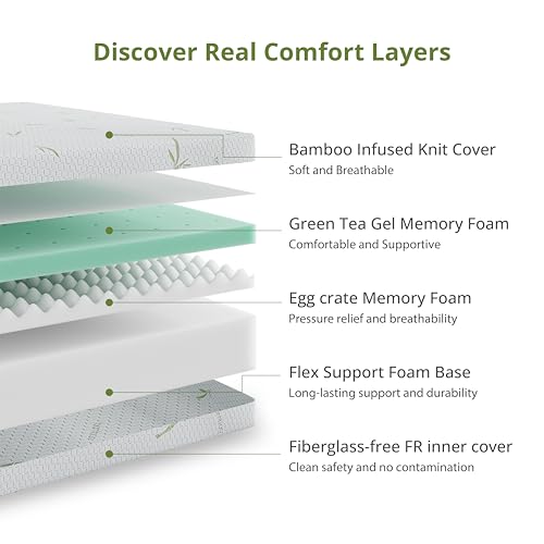 Image of EGOHOME 14 Inch Full Size Mattress, Cooling Green Tea Gel Memory Foam for Pressure Relief, Medium Plush, Fiberglass Free, Bed in a Box, CertiPUR-US Certified