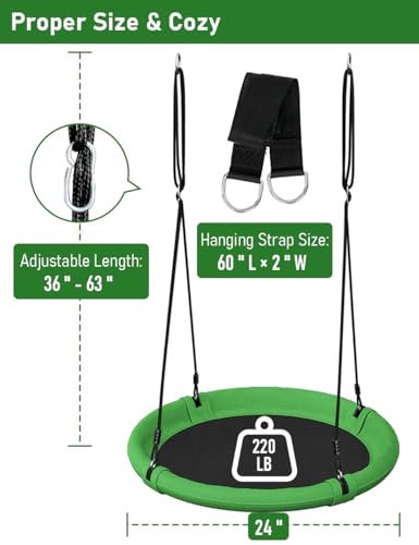 Image of 24 Inch Saucer Tree Swing Set for Kids & Adults, Adjustable Flying Swing Seat for Backyard or Outdoor Playground, Green & Black