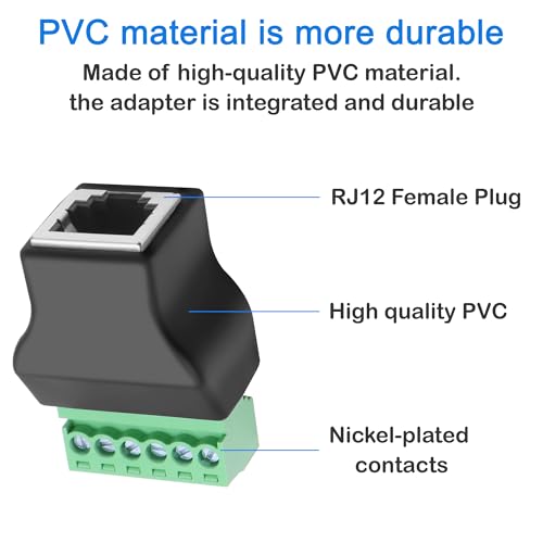 MEIRIYFA RJ12 Buchse auf 6 Pin Schraubenklemmen Lötloser Adapter, RJ12 6P6C Buchse auf 6-poligen Schraubenklemmen Adapter für Telefon Kabel Audio Adapter (2PCS)
