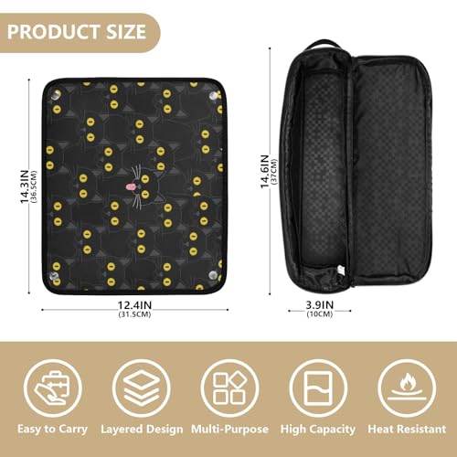 Bolso de viaje para herramientas de cabello con tapete resistente al calor y gran capacidad, negro con gatos y ojos amarillos miniatura 4