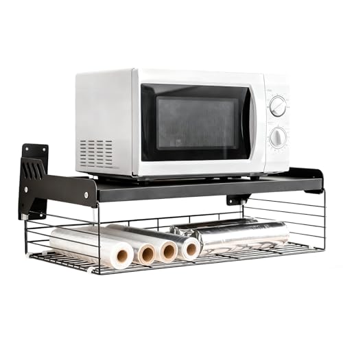 EVERGOODS Wall Mounted Microwave Oven Rack Heavy Duty Metal Shelf Organizer with Storage Basket Ideal for Spice Jars Foil and Small Appliances