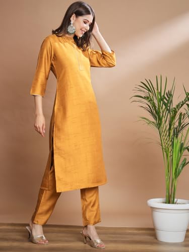 Image of VredeVogel Women's Cotton Silk Blend Straight Kurta Trouser With Dupatta Set
