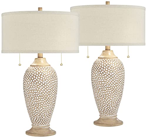 360 Lighting Cody Rustic Farmhouse Table Lamps 24 1/2" Tall Set Of 2 Beige Textured Pebble Drum Shade Decor For Bedroom Living Room House Home Bedside Nightstand Office Entryway Kids Family #TOP1