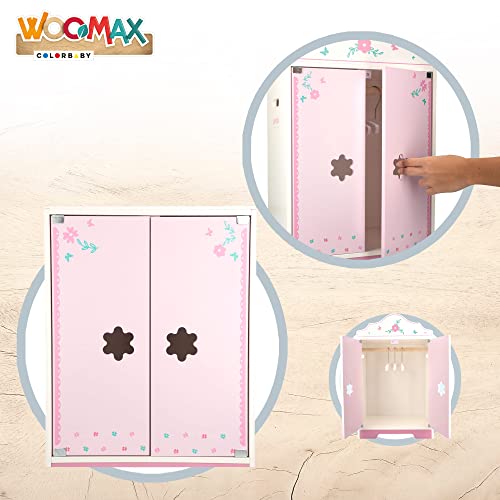 WOOMAX Armario de Madera para Ropa de Muñecas, Armarios de Juguetes, Mide 34 x 23 x 55 cm, Color Rosa y Blanco con Flores, Perchas, +3 Años, 49345 - imagen 2