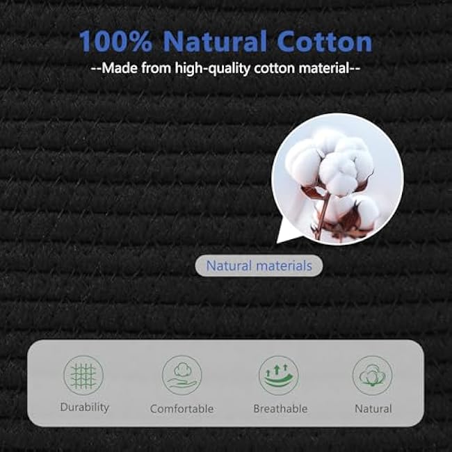 Cotton Rope Basket , Storage Baskets with Handle, 15x10x9 Inch Woven Basket for Shelves, Laundry, Towels, Clothes, Books, Toys (Black 1Pack)