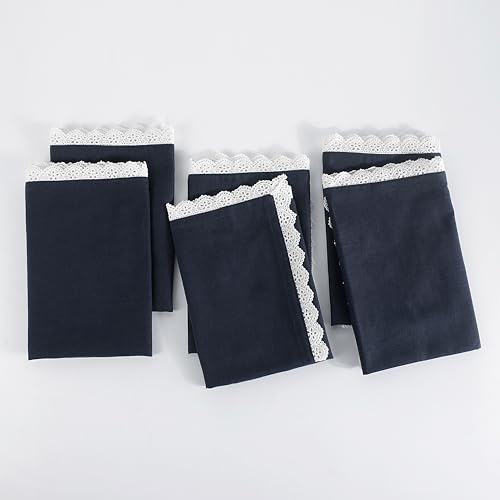 Image of FINGERCRAFT Cloth Napkins Set of 6, 20x20 Inch, Cotton Linen Blend Table Napkins with Premium White Lace Edge, Reusable Washable Dinner Napkins for Wedding, Festive Dining, Parties & Home Decor (Navy)
