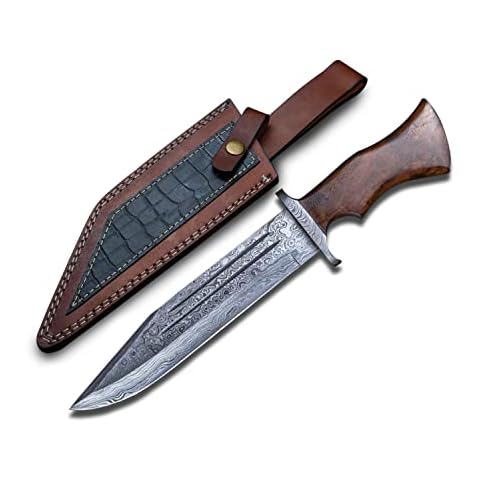 Morf Steelware Handmade Damascus Bowie Knife, 14.5 inch Camping & Hunting Damascus Knife, Fixed Blade Hand Forged Hiking Knife, Damascus Steel Survival Knife with Leather Sheath Cover